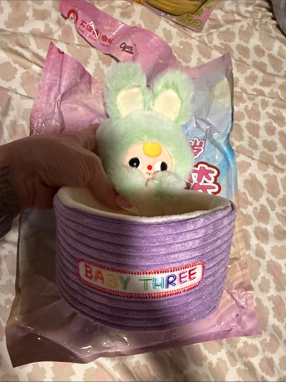 Baby Three Mint Green Bunny Plush with Purple Nest
